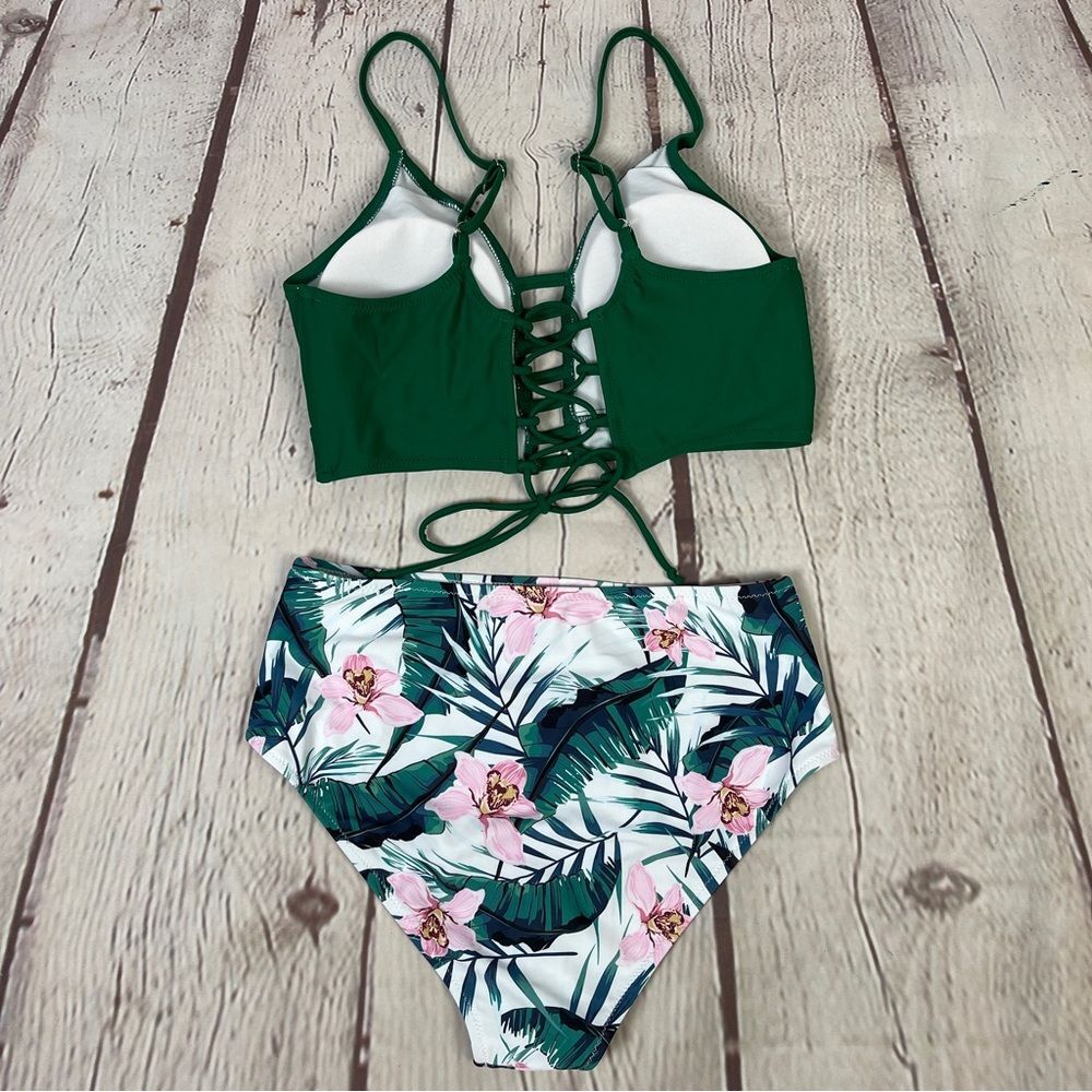 TEMPTME green floral lace up high waisted 2-piece swimsuit bikini NEW, size M - Picture 3 of 15